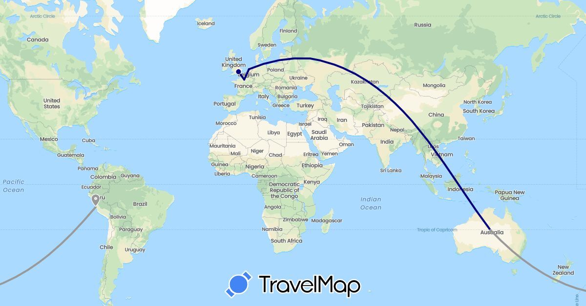 TravelMap itinerary: driving, plane in Australia, France, United Kingdom, Netherlands, Peru, Russia (Europe, Oceania, South America)